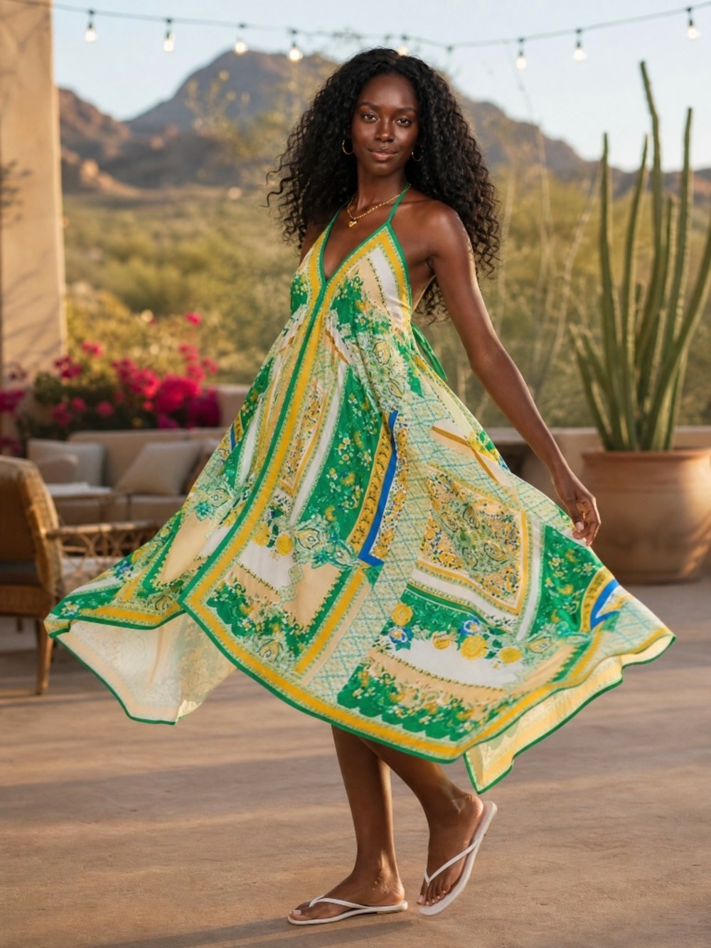 Green Yellow Floral Halter Asymmetrical Maxi Dress | Open Back Scarf Print - Picture 5 of 5